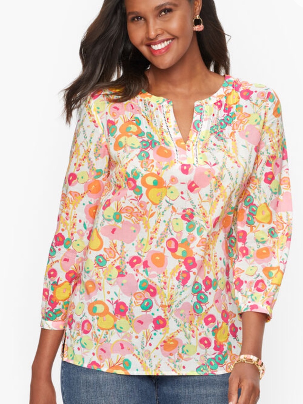 Talbots women 100% COTTON colorful PINTUCK POPOVER ABSTRACT FLORAL top shirt XLP